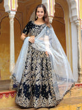 Shocking Navy Blue Embroidered Velvet Function Wear Lehenga Choli - Ethnic Plus In