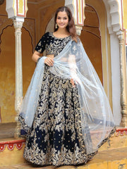 Shocking Navy Blue Embroidered Velvet Function Wear Lehenga Choli - Ethnic Plus In