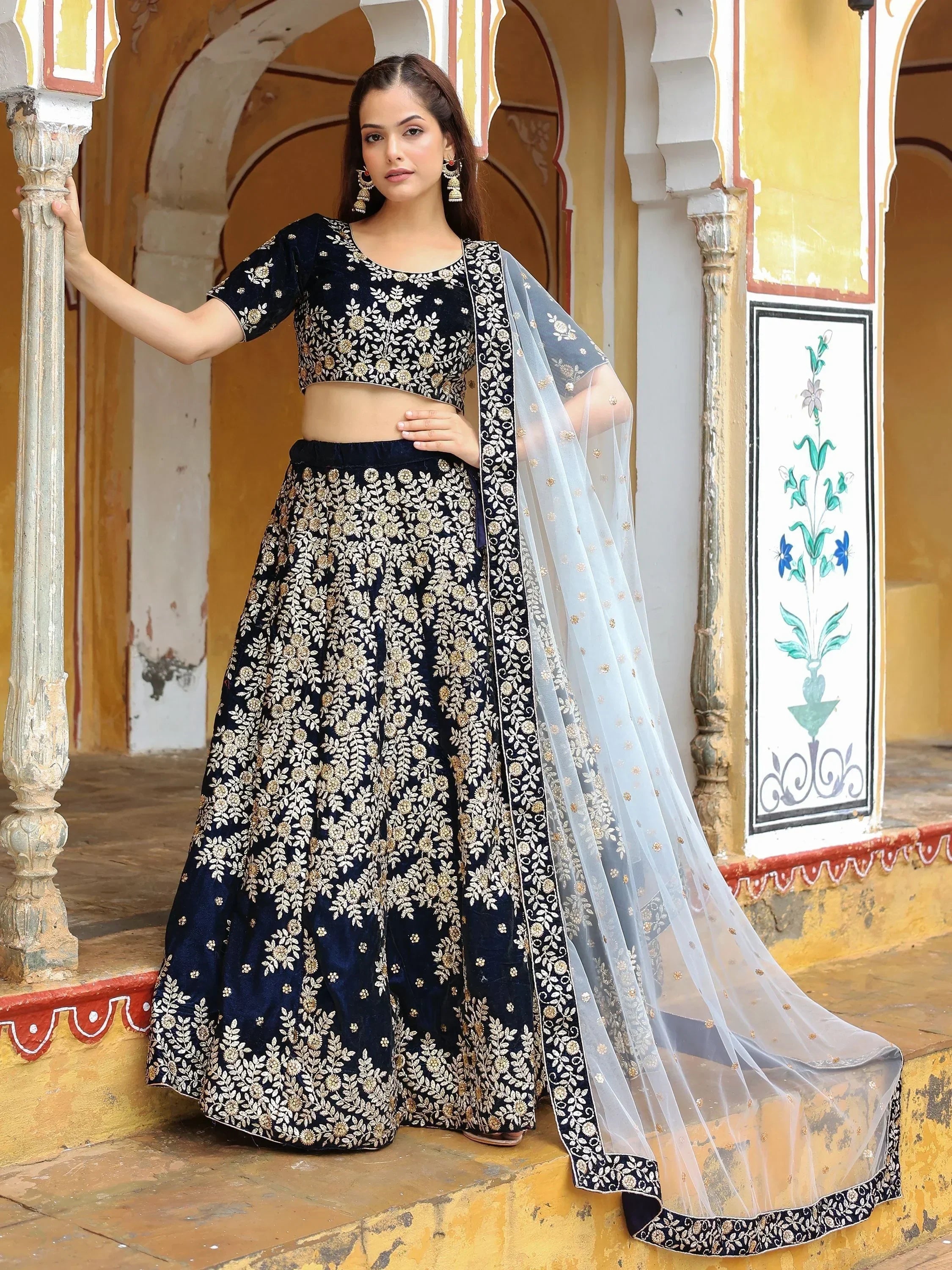 Navy blue embroidered lehenga choli with sheer dupatta, Indian ethnic wear for weddings and festivals