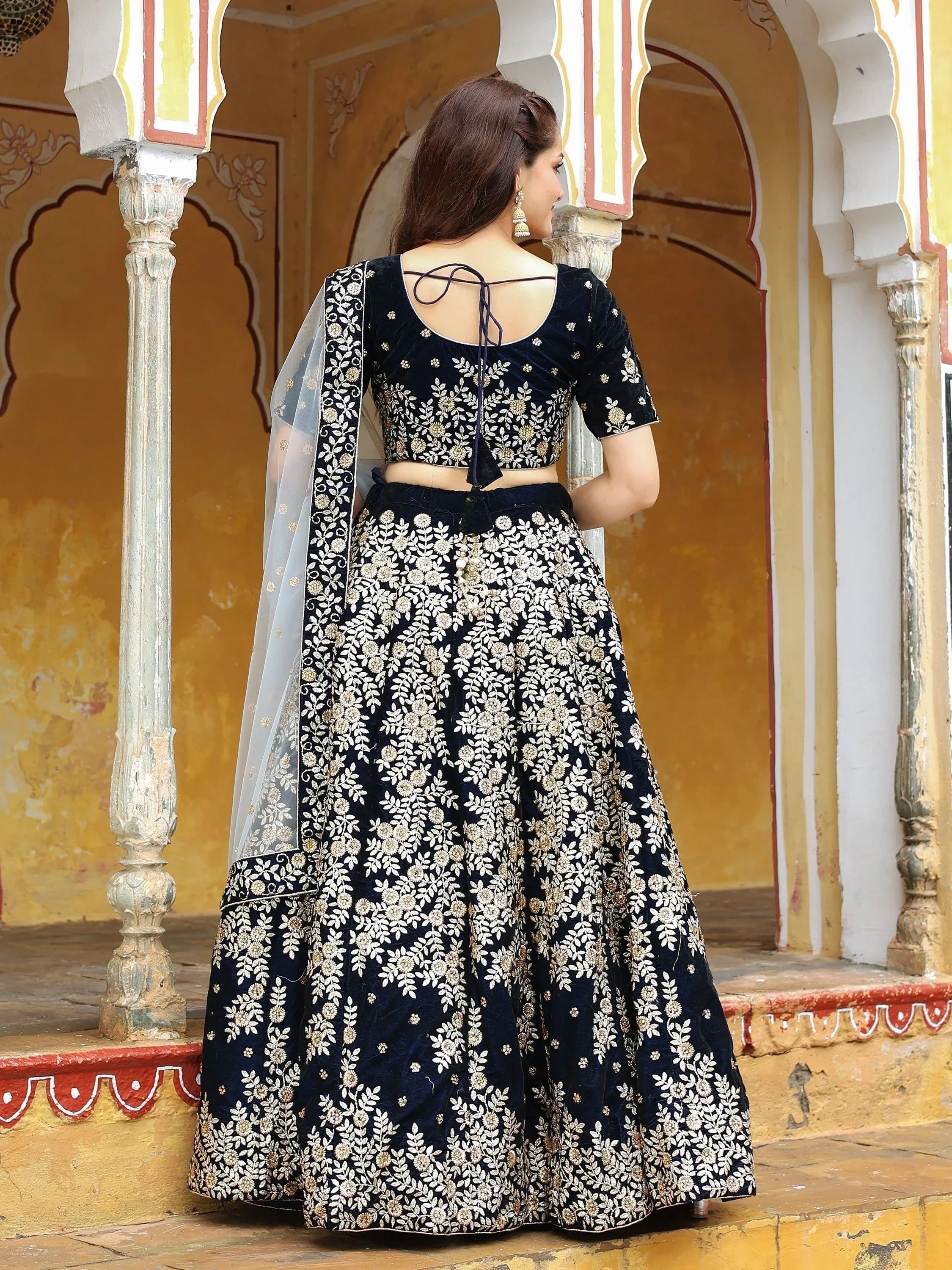 Navy blue embroidered lehenga choli with floral design, back view, Indian ethnic wear