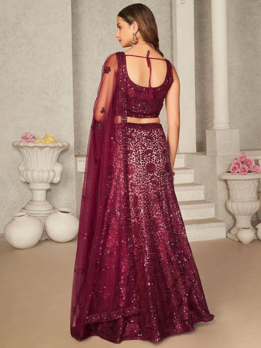 Burgundy sequin lehenga choli with sheer dupatta, back view, ethnic wear for weddings