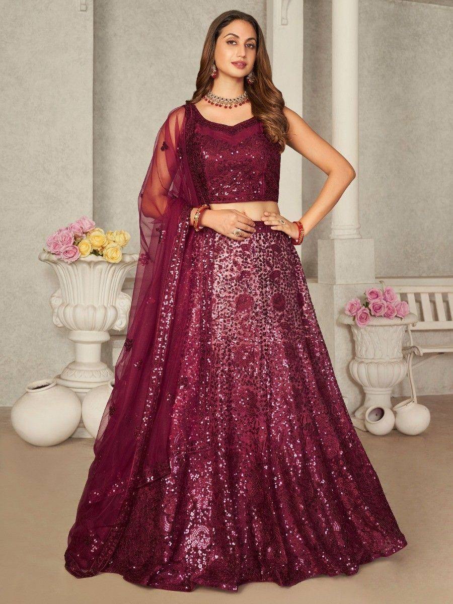 Burgundy sequin lehenga choli with sheer dupatta, perfect for Indian weddings and festive occasions