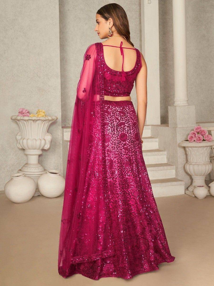 Fuchsia sequin lehenga choli with sheer dupatta, back view, ethnic Indian wear for weddings
