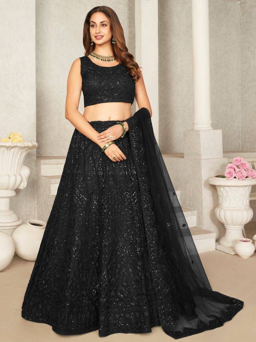 Black sequined lehenga choli with sheer dupatta, elegant ethnic wear for weddings and parties
