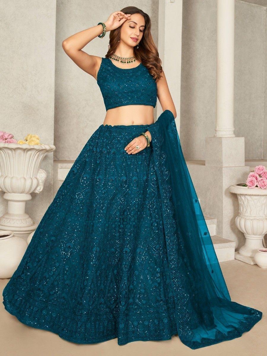 Alluring Teal Blue Sequins Net Designer Lehenga Choli With Dupatta