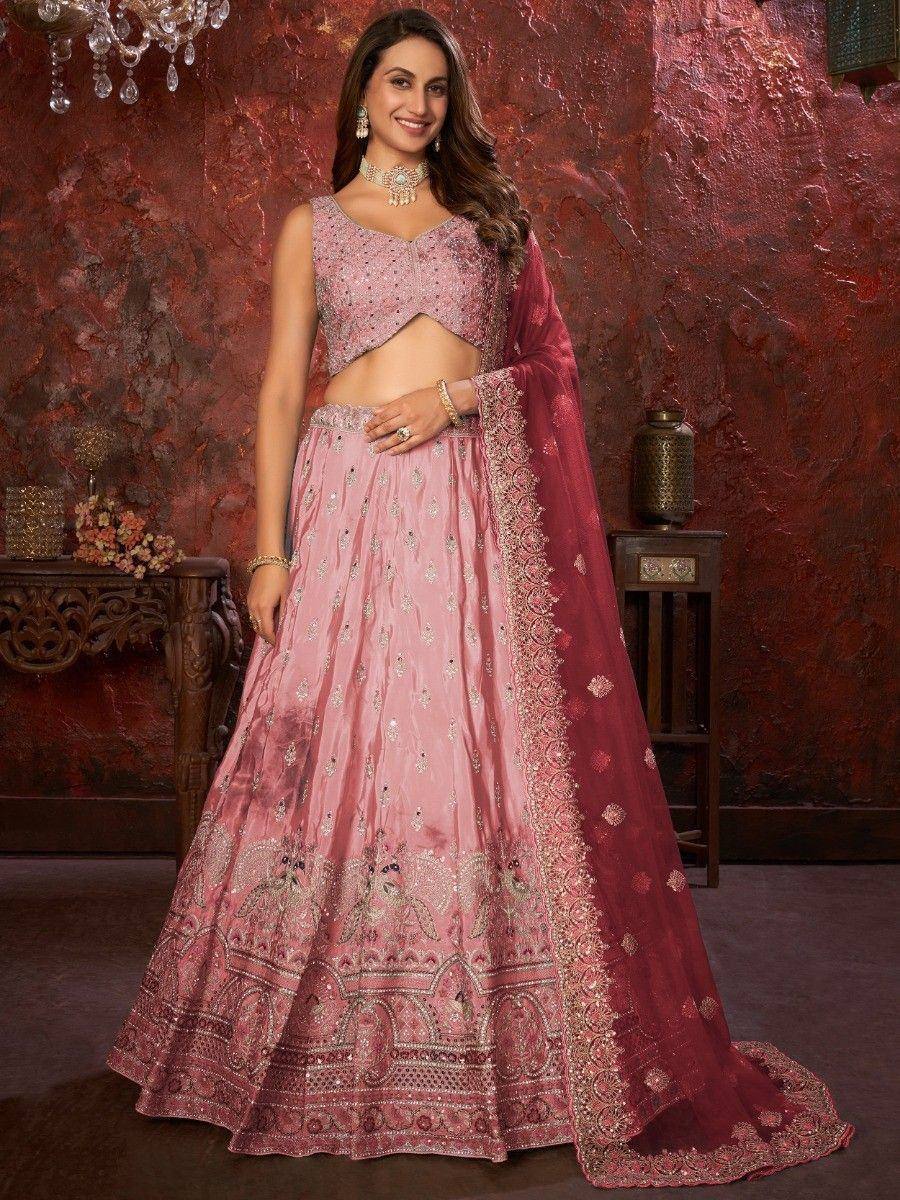 Pink embroidered lehenga choli with matching dupatta, Indian ethnic wear for weddings and parties