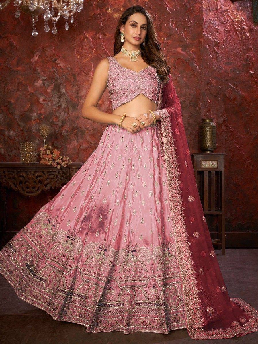 Pink designer lehenga choli with gold embroidery and matching dupatta for Indian ethnic wear