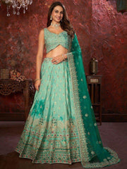 Dazzling Teal Green Embroidered Crepe Engagement Wear Lehenga Choli
