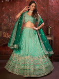 Dazzling Teal Green Embroidered Crepe Engagement Wear Lehenga Choli