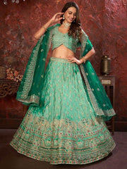 Dazzling Teal Green Embroidered Crepe Engagement Wear Lehenga Choli