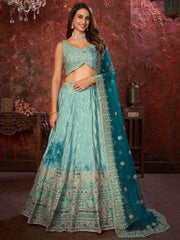 Charming Sky-Blue Embroidered Crepe Lehenga Choli With Dupatta