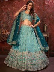 Charming Sky-Blue Embroidered Crepe Lehenga Choli With Dupatta