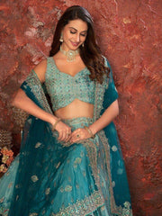 Charming Sky-Blue Embroidered Crepe Lehenga Choli With Dupatta