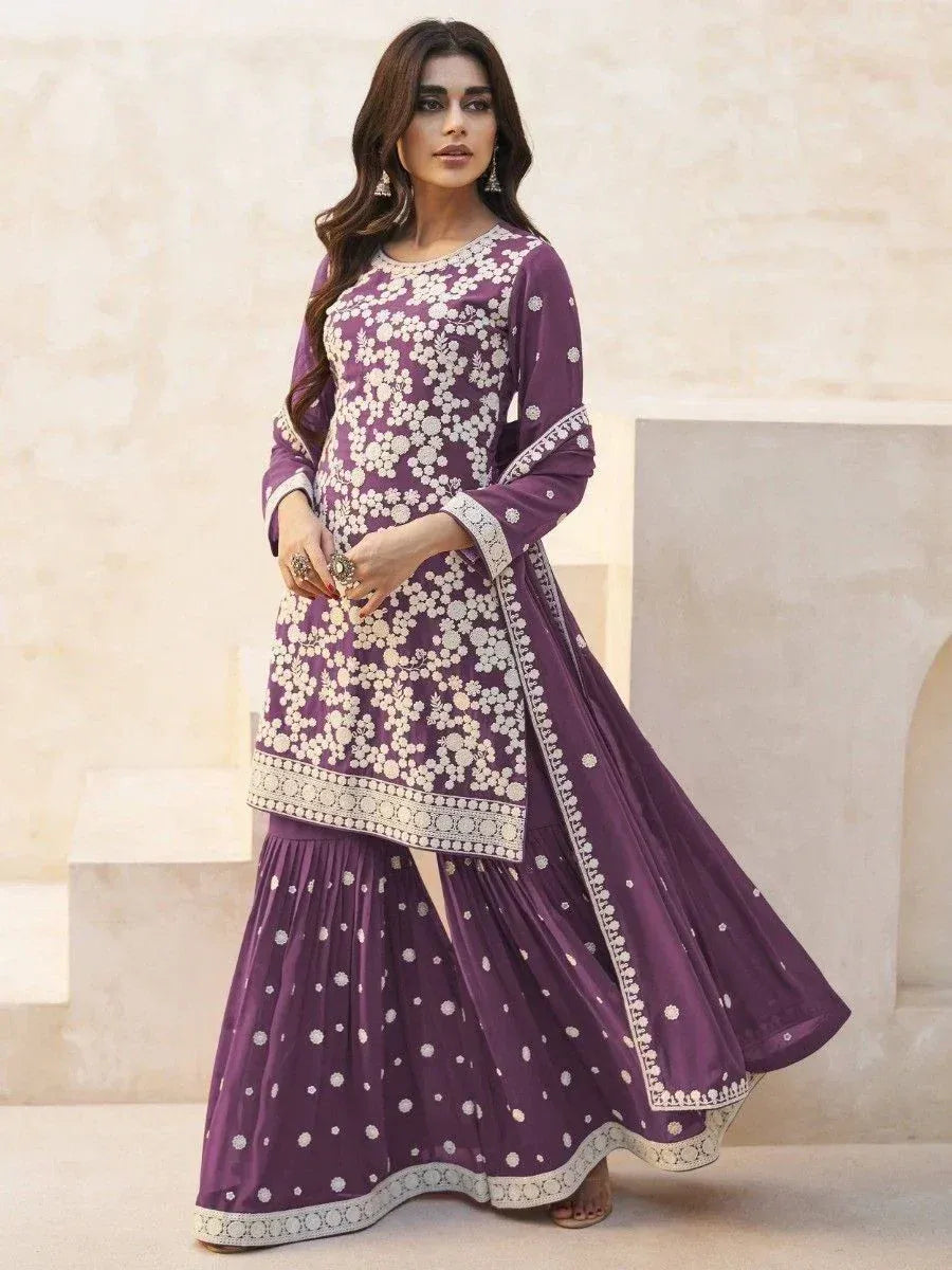 Purple floral embroidered ethnic gown with matching palazzo pants