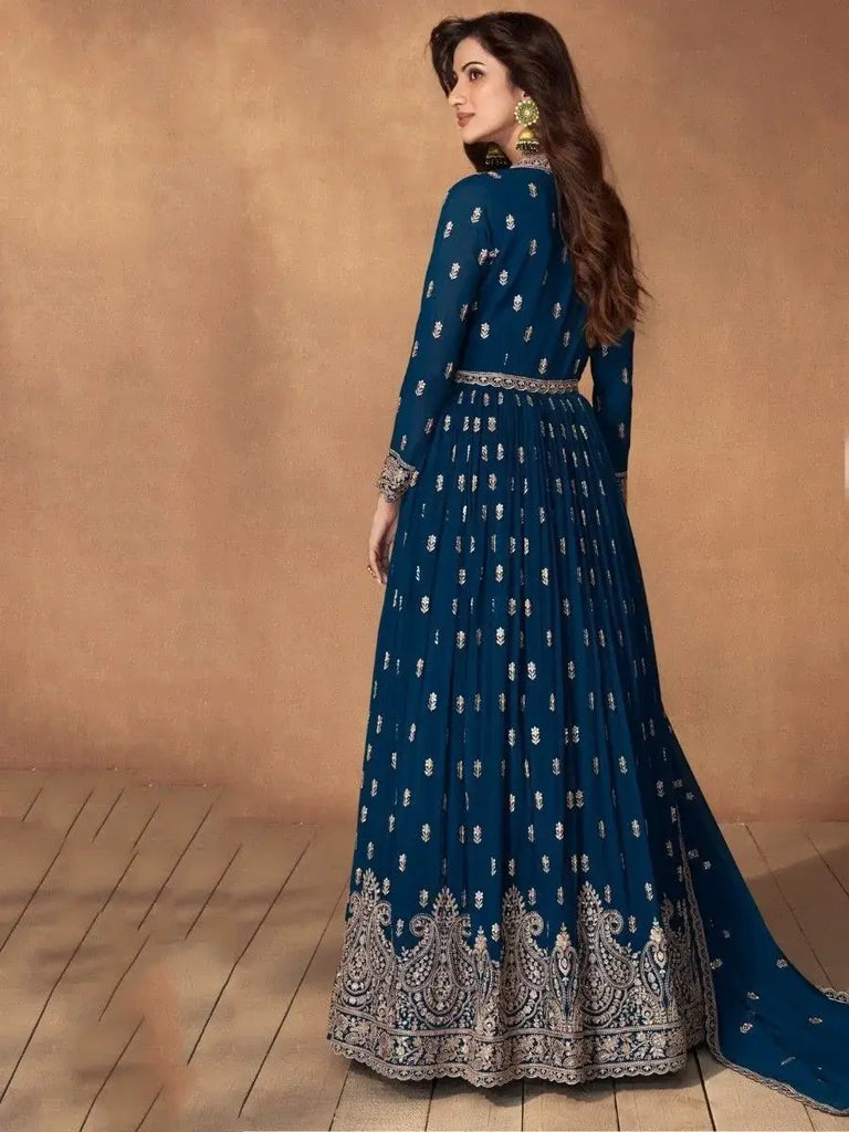 Fascinating Blue Embroidered Georgette Reception Wear Lehenga Suit