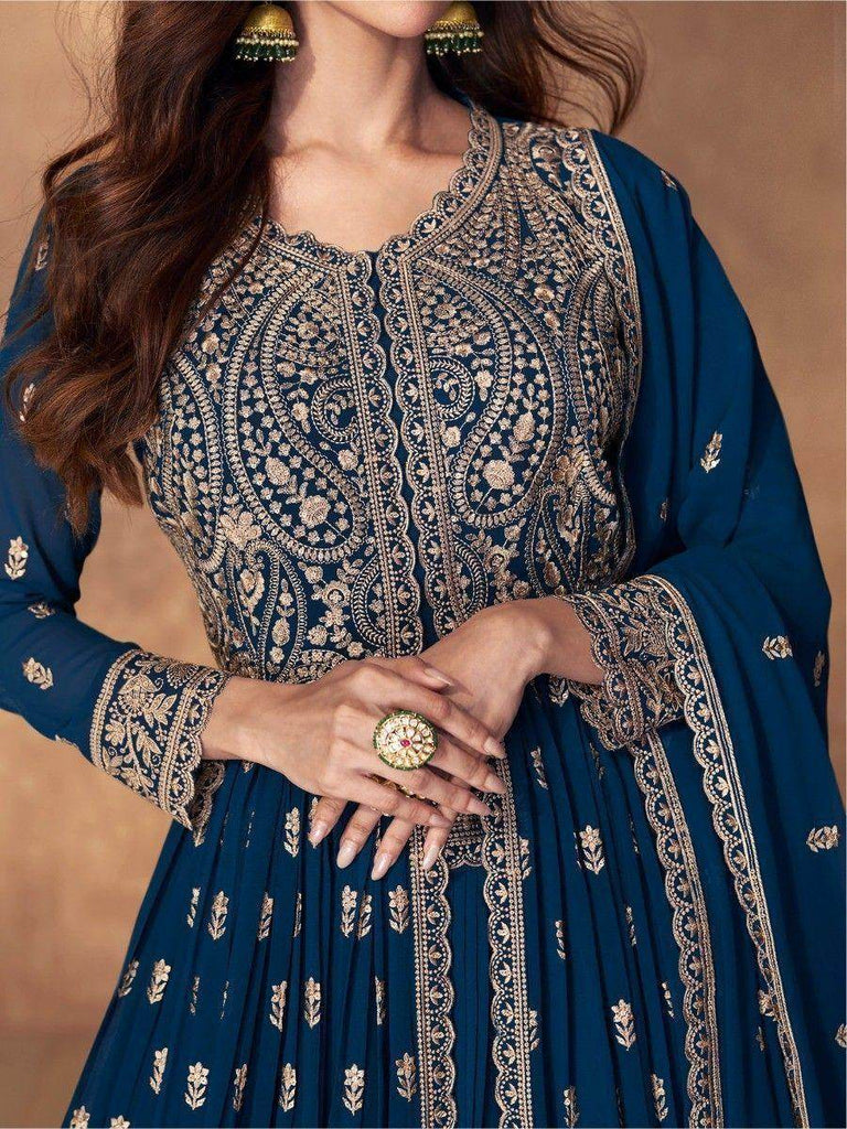 Fascinating Blue Embroidered Georgette Reception Wear Lehenga Suit