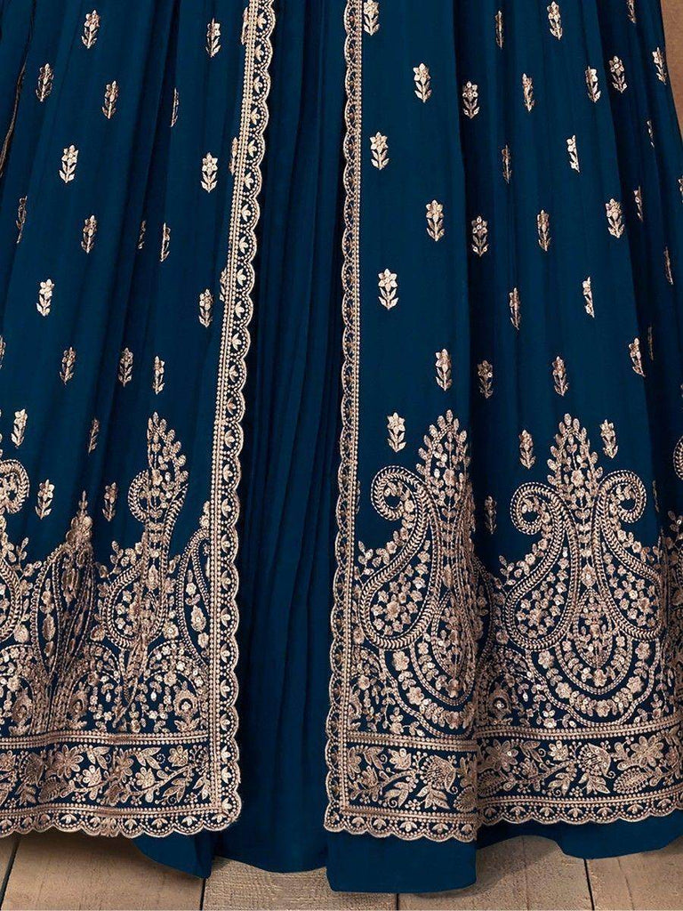 Fascinating Blue Embroidered Georgette Reception Wear Lehenga Suit
