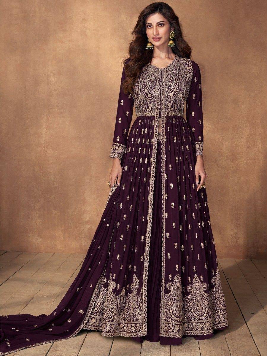 Elegant purple anarkali gown with gold embroidery, perfect for Indian ethnic wear and festive occasions.