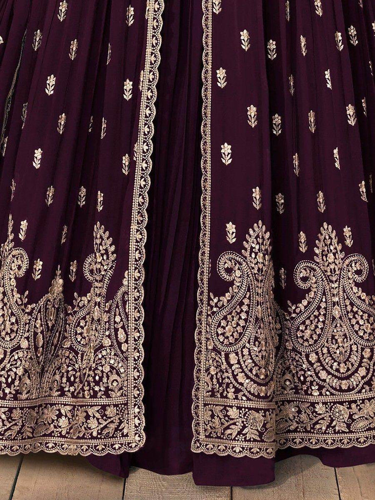 Charming Wine Embroidered Georgette Wedding Wear Lehenga Suit