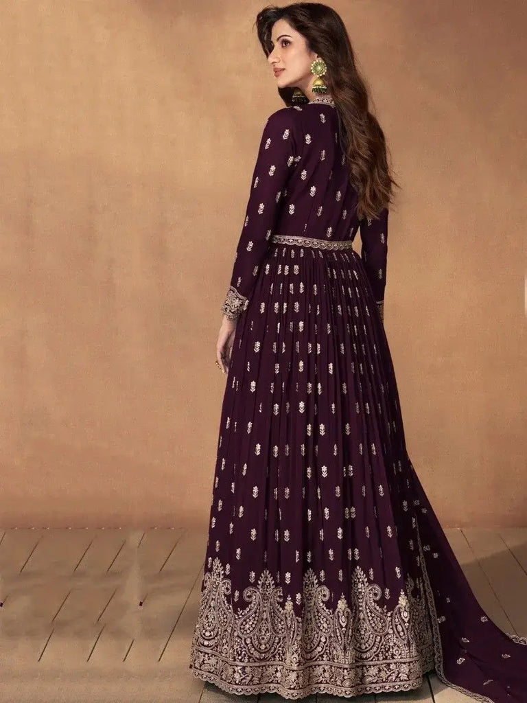 Charming Wine Embroidered Georgette Wedding Wear Lehenga Suit