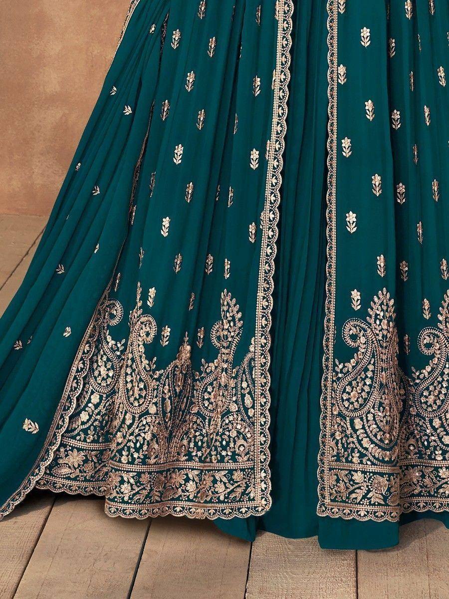 Teal lehenga with gold paisley embroidery and scalloped border, Indian ethnic wear