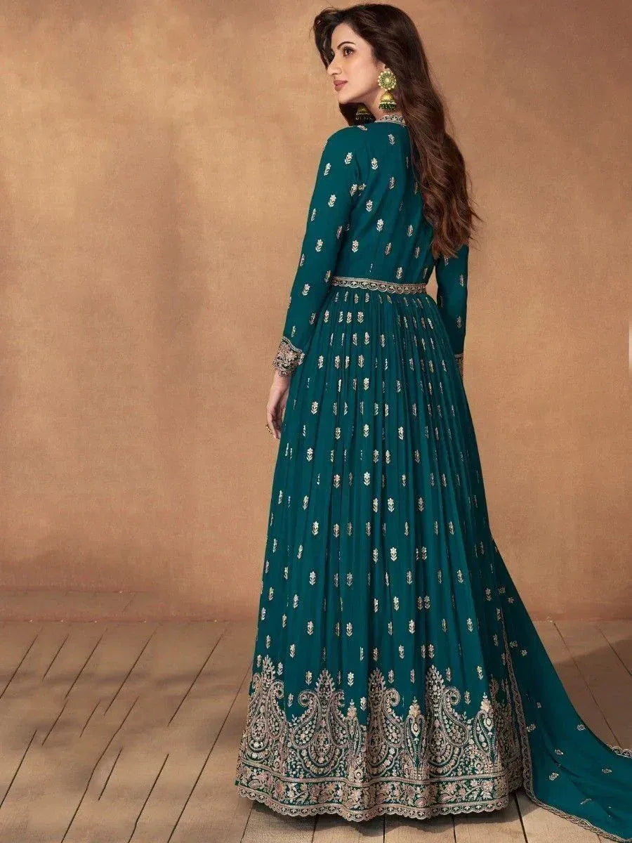 Teal designer anarkali gown with gold embroidery, ethnic wear for women
