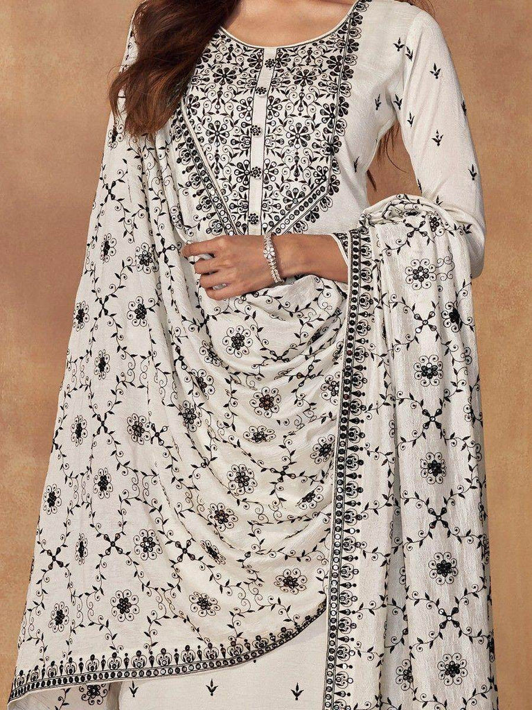 Bewitching White Sequins Silk Traditional Pant Suit With Dupatta
