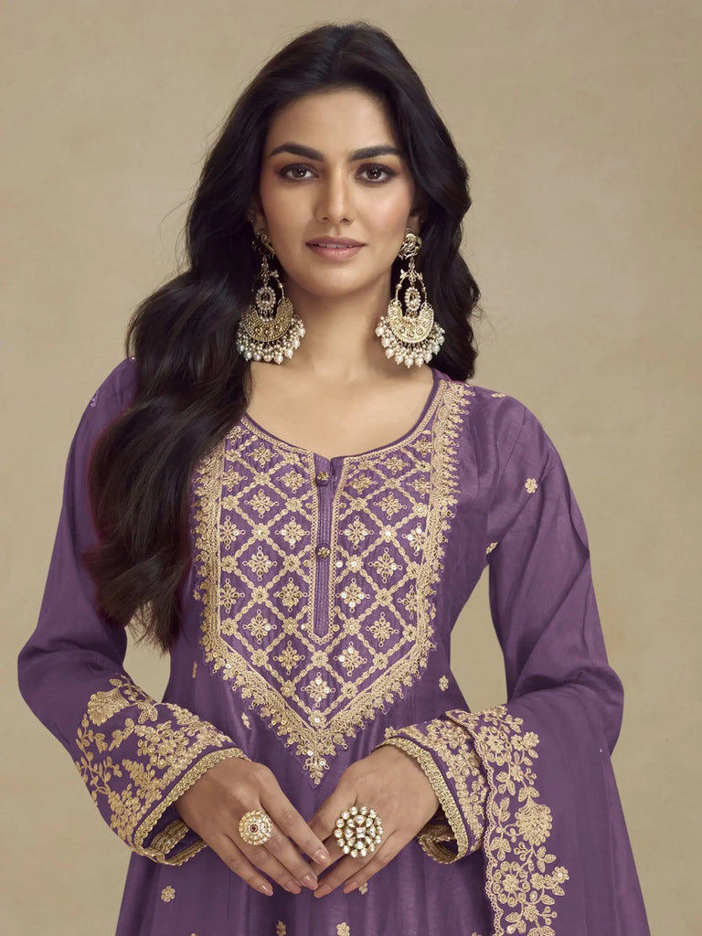 Glamorous Purple Embroidered Chinon Festival Wear Palazzo Suit