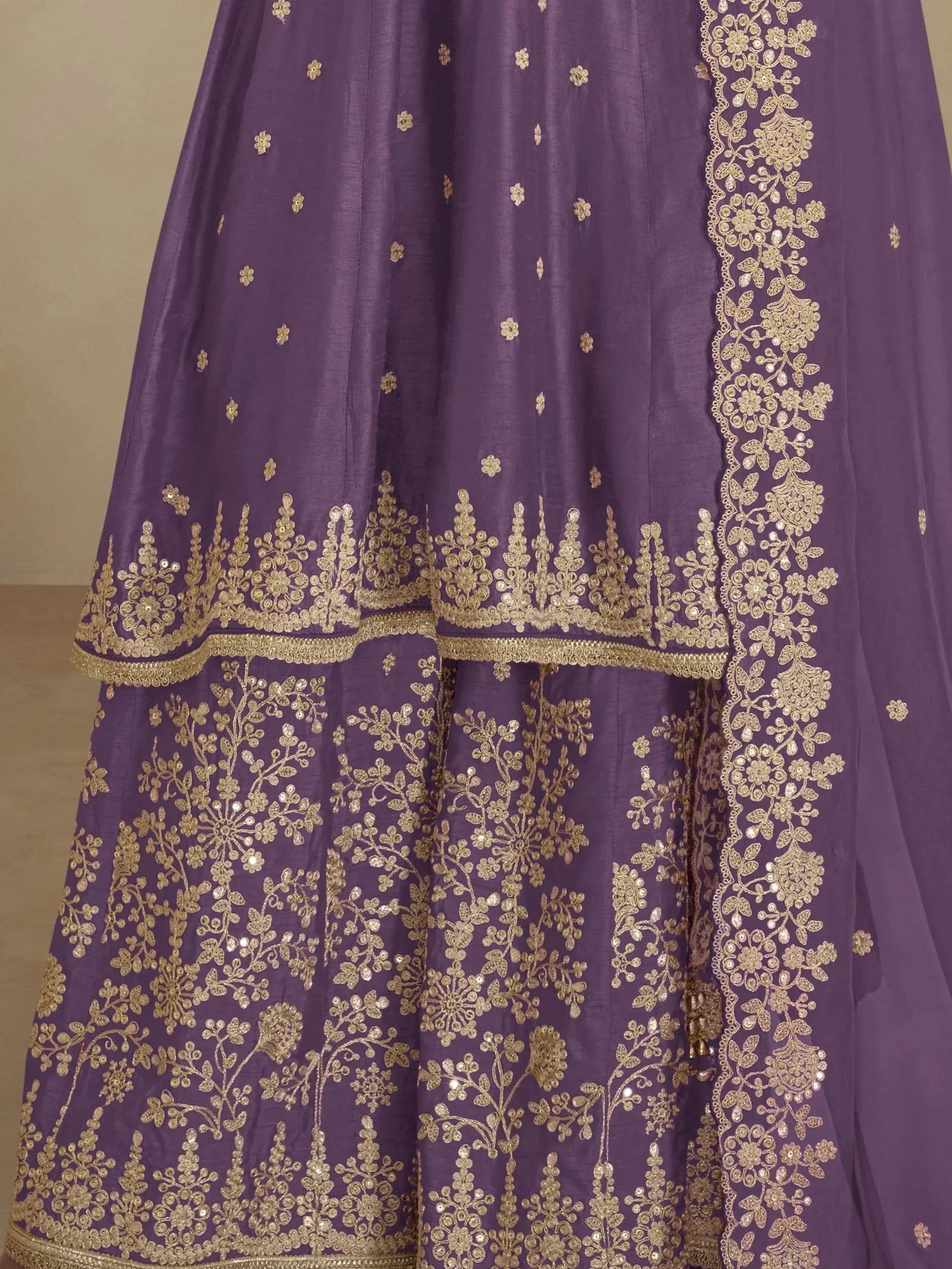 Purple Indian lehenga with gold floral embroidery and sequin detailing, ethnic wear for weddings