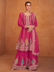 Wonderful Pink Embroidered Chinon Traditional Palazzo Suit