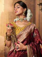 Awesome Maroon Zari Weaving Silk Wedding Wear Saree With Blouse