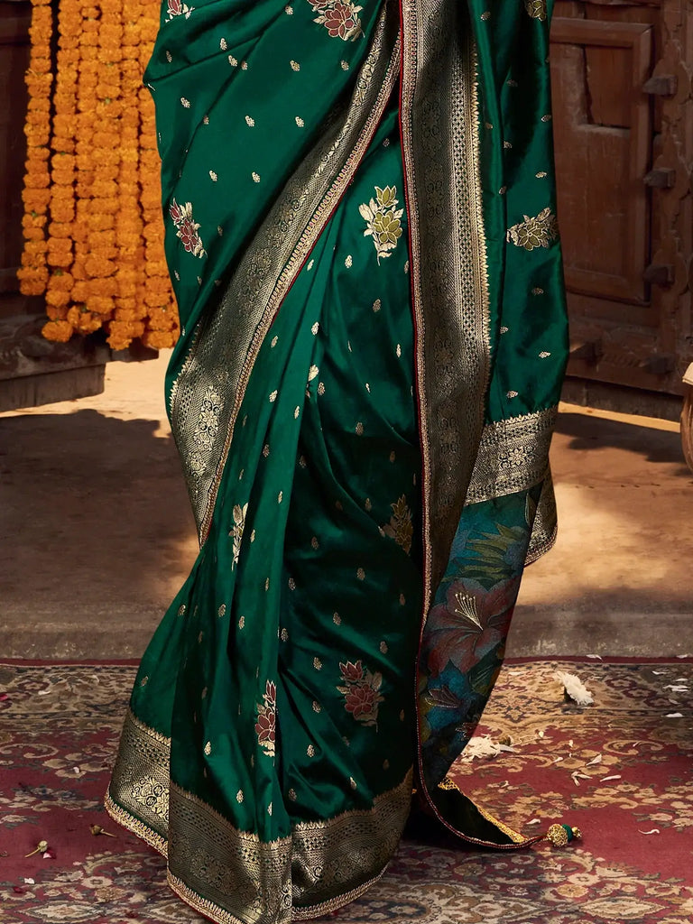 Lovely Green Zari Weaving Silk Mehendi Wear Saree With Blouse