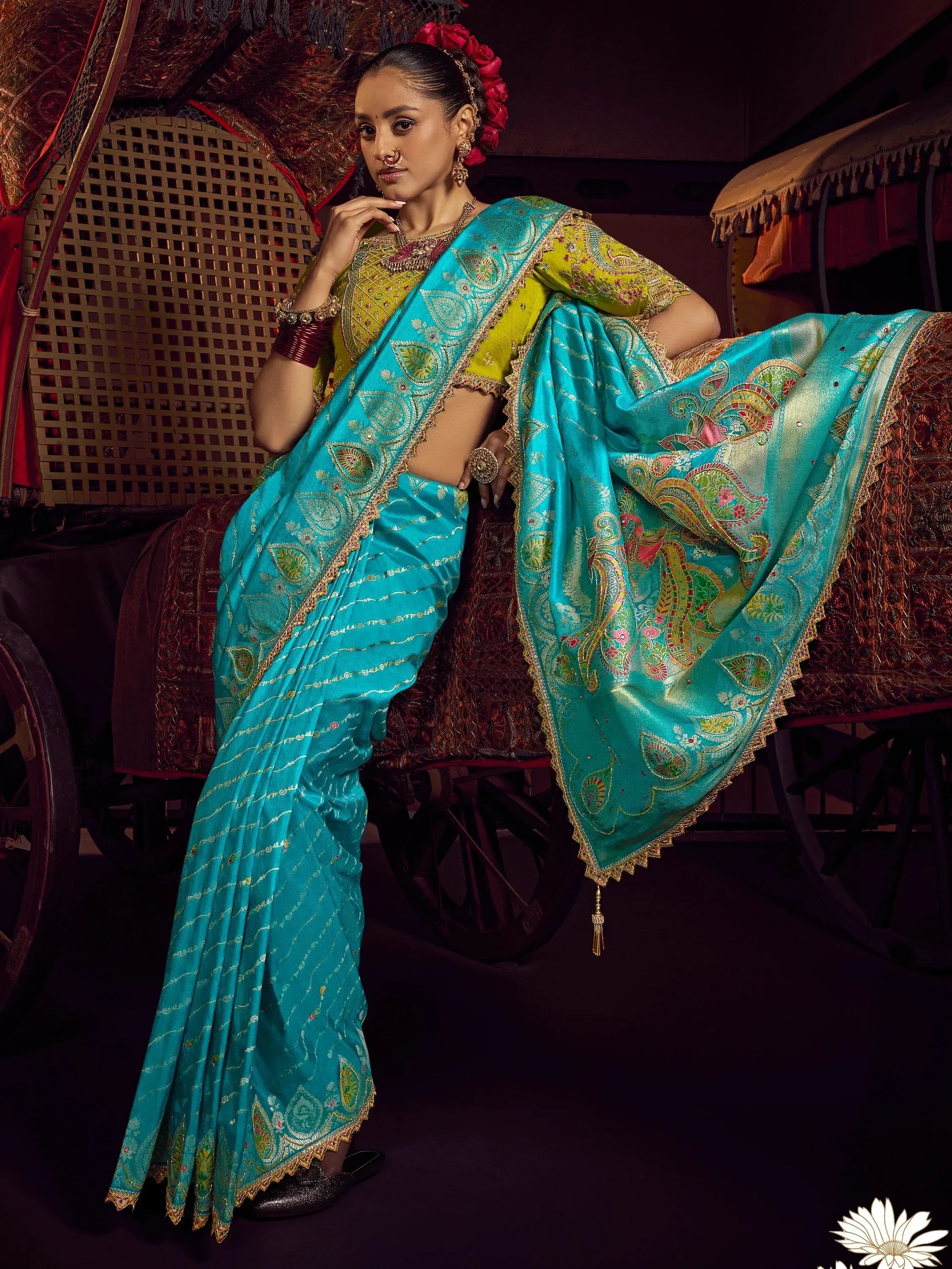Turquoise embroidered saree with green blouse, traditional Indian ethnic wear for women