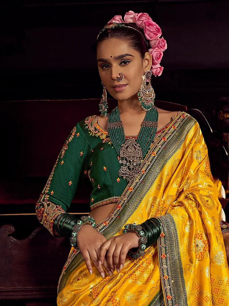 Glamorous Yellow Zari Weaving Silk Haldi Wear Saree With Blouse