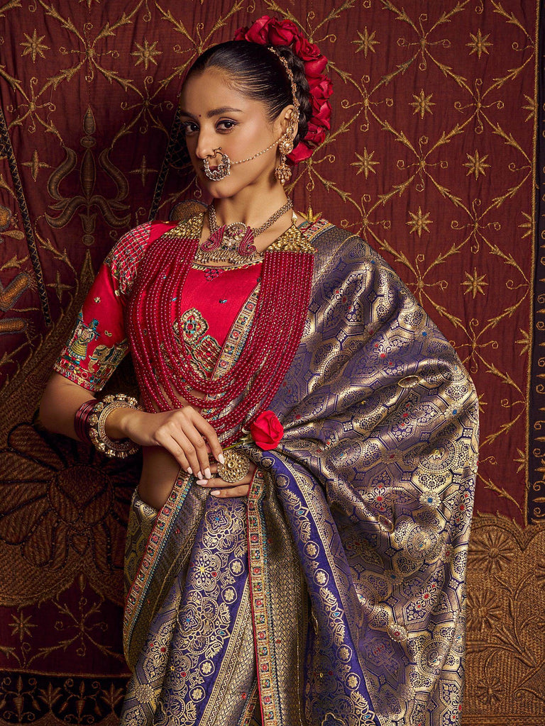 Bewitching Blue Zari Weaving Silk Wedding Wear Saree With Blouse