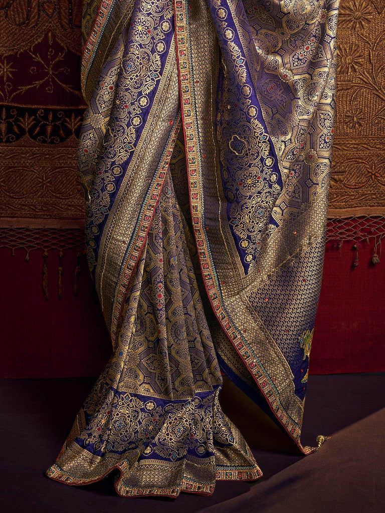 Bewitching Blue Zari Weaving Silk Wedding Wear Saree With Blouse