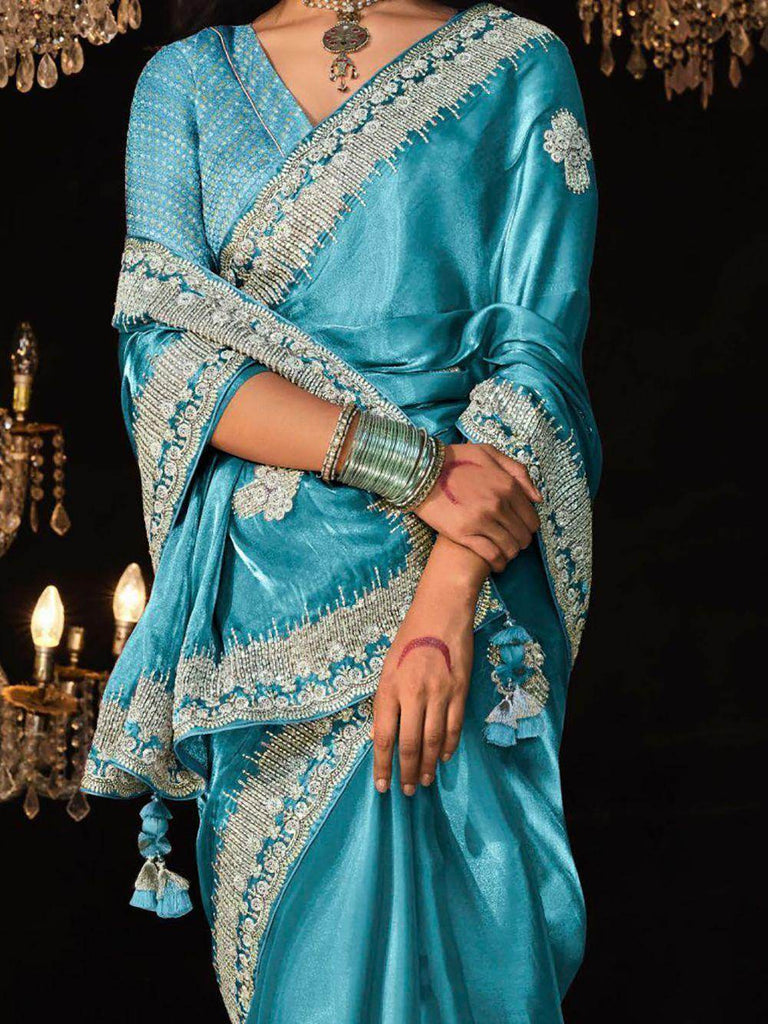 Charming Sky-Blue Embroidered Tissue Silk Wedding Wear Saree