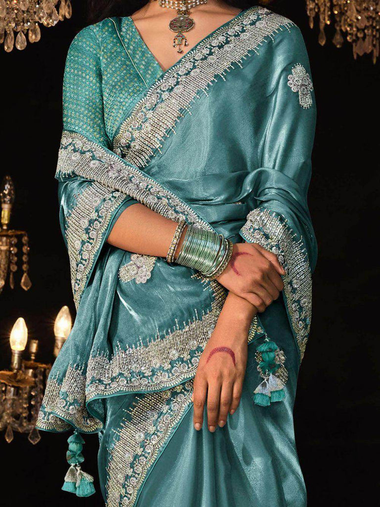 Captivating Teal Blue Embroidered Tissue Silk Party Wear Saree