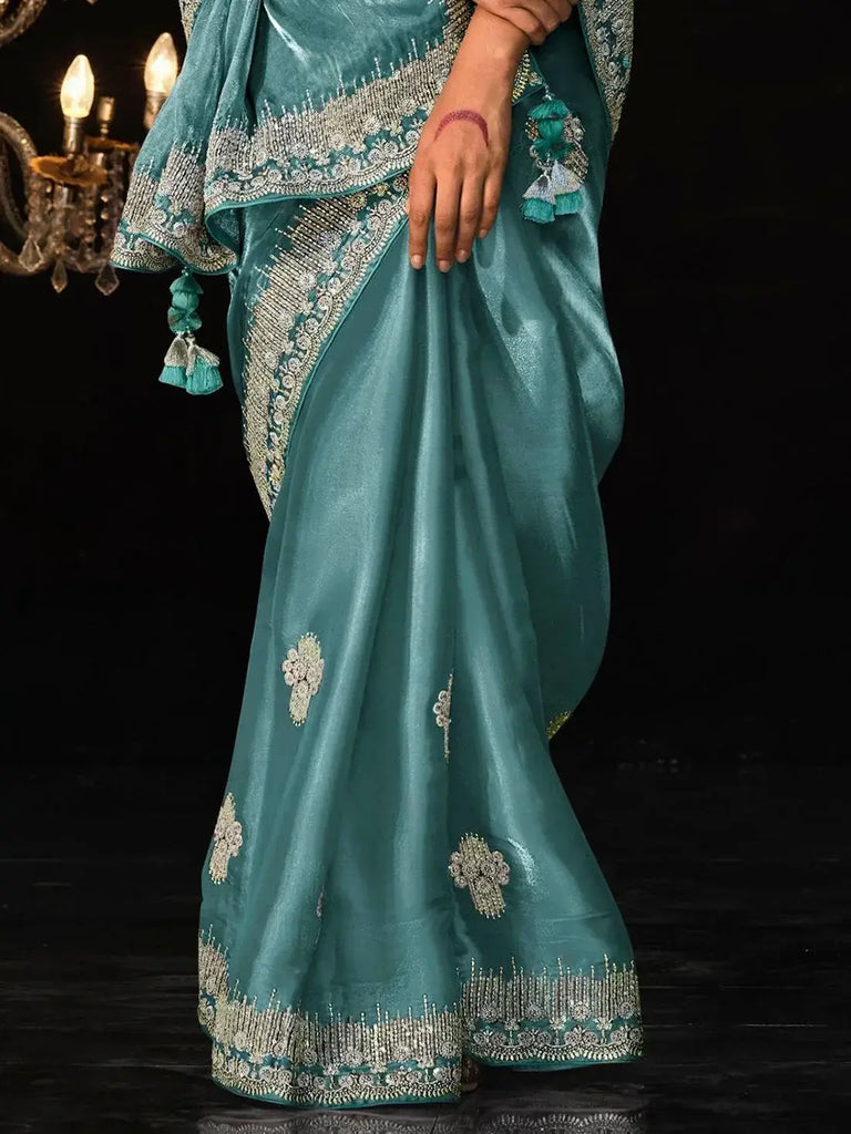Captivating Teal Blue Embroidered Tissue Silk Party Wear Saree