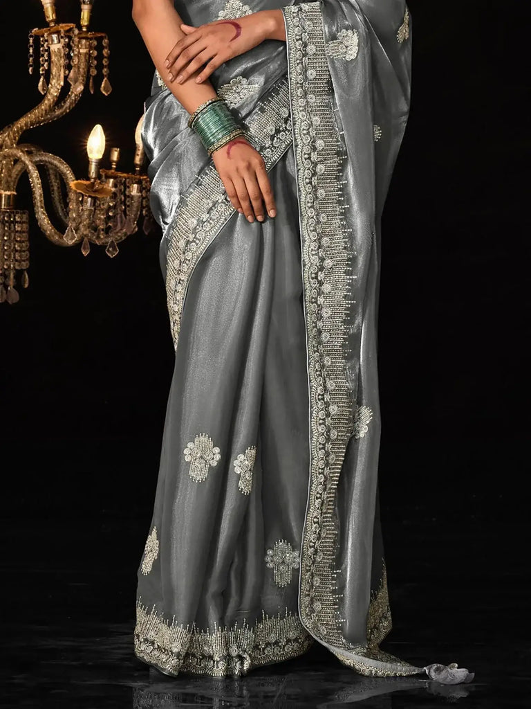 Fascinating Grey Embroidered Tissue Silk Designer Saree With Blouse