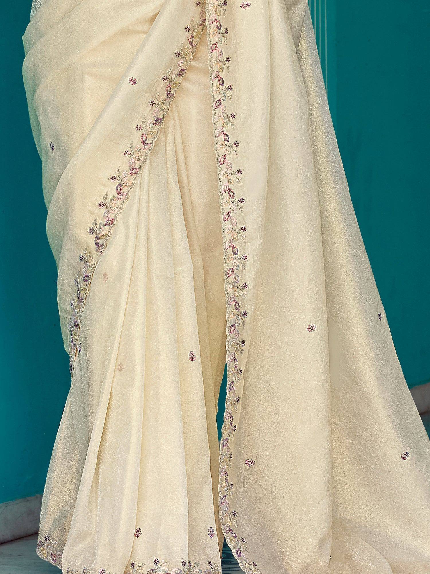 Cream embroidered saree with floral border, Indian ethnic wear