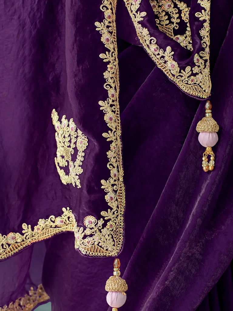 Astonishing Purple Heavy Border Work Tissue Silk Wedding Wear Saree