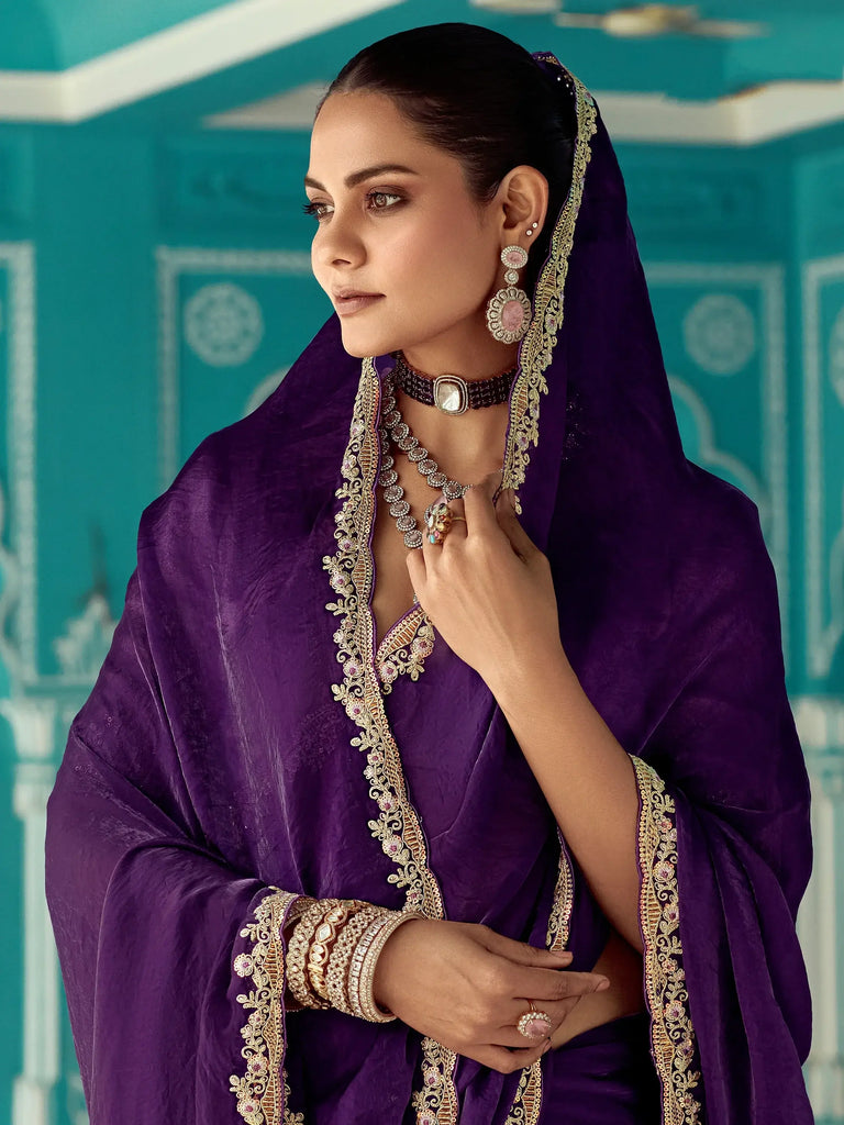 Astonishing Purple Heavy Border Work Tissue Silk Wedding Wear Saree