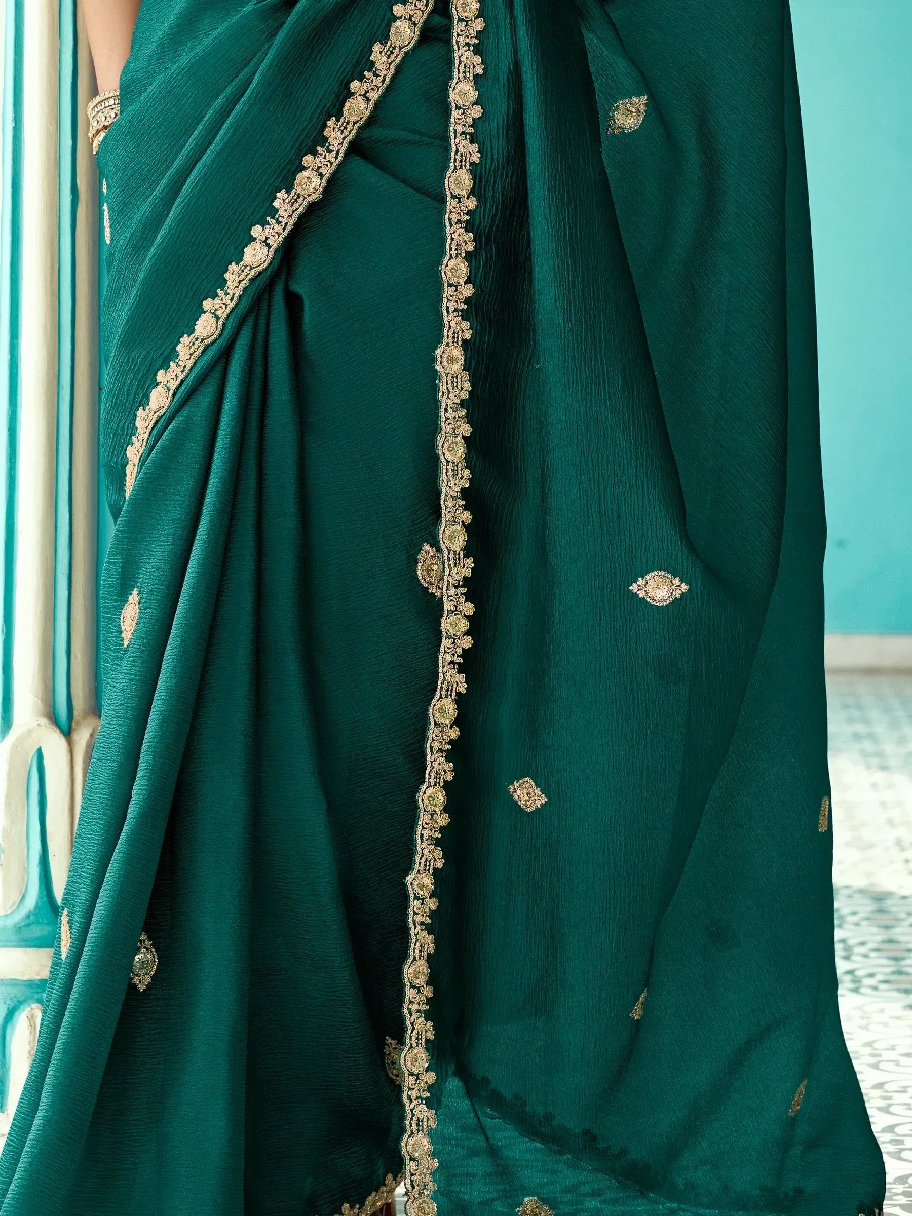 Emerald green saree with gold floral embroidery and zari border, Indian ethnic wear