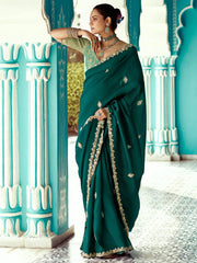 Wonderful Green Embroidered Tissue Silk Mehendi Wear Saree