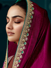 Marvelous Wine Border Work Tissue Silk Wedding Saree With Blouse