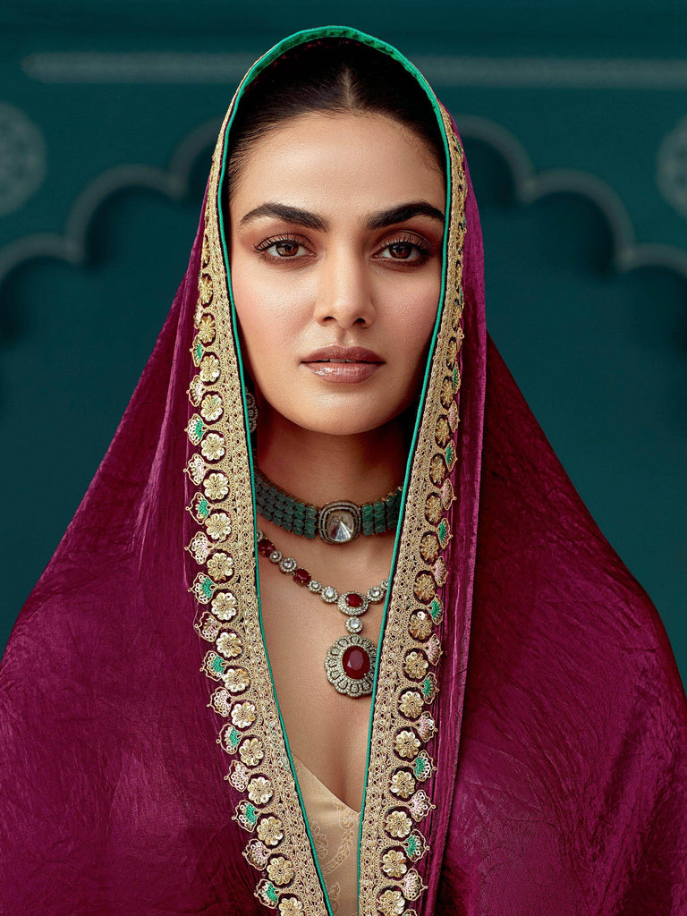 Marvelous Wine Border Work Tissue Silk Wedding Saree With Blouse