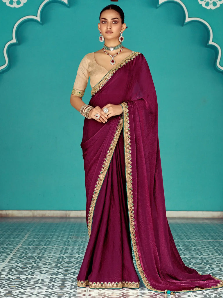 Marvelous Wine Border Work Tissue Silk Wedding Saree With Blouse