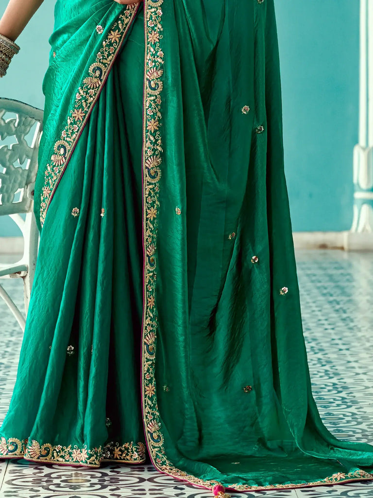 Attractive Green Heavy Border Work Silk Event Wear Saree With Blouse