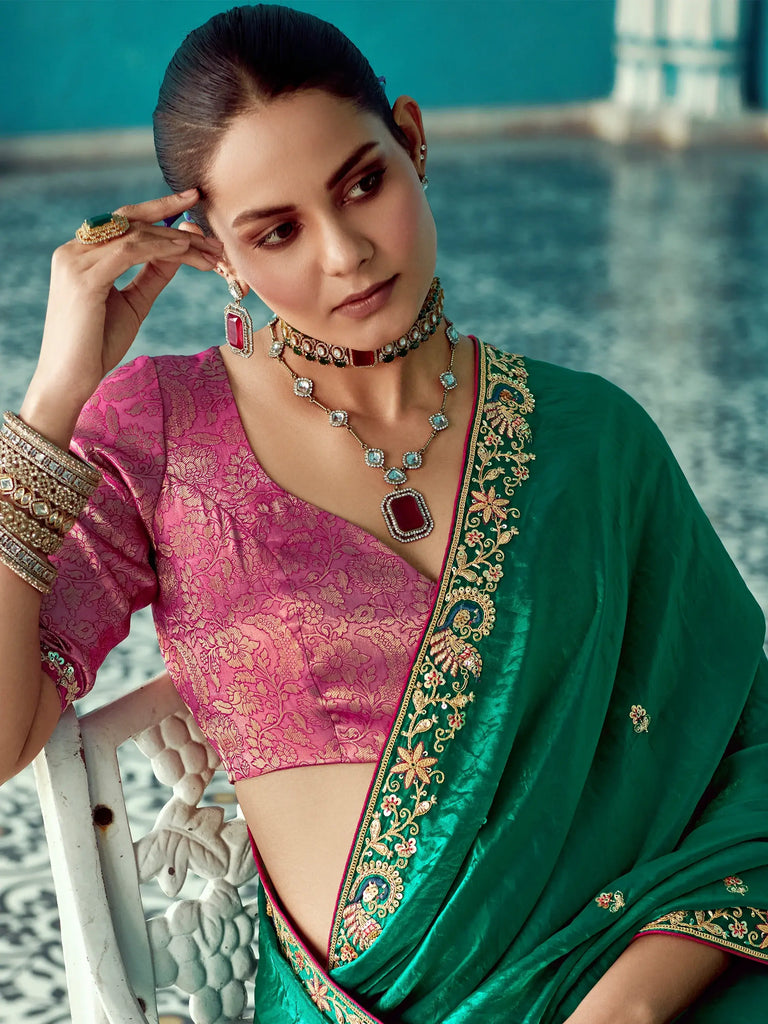 Attractive Green Heavy Border Work Silk Event Wear Saree With Blouse